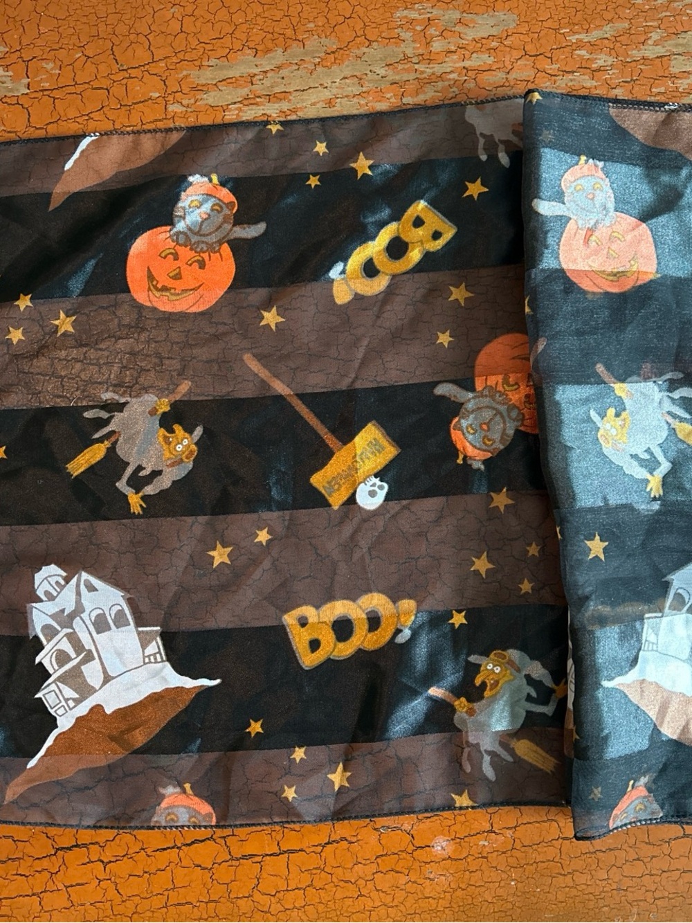 Vintage Halloween Scarf Witch Skull Pumpkin Graphic Black Translucent